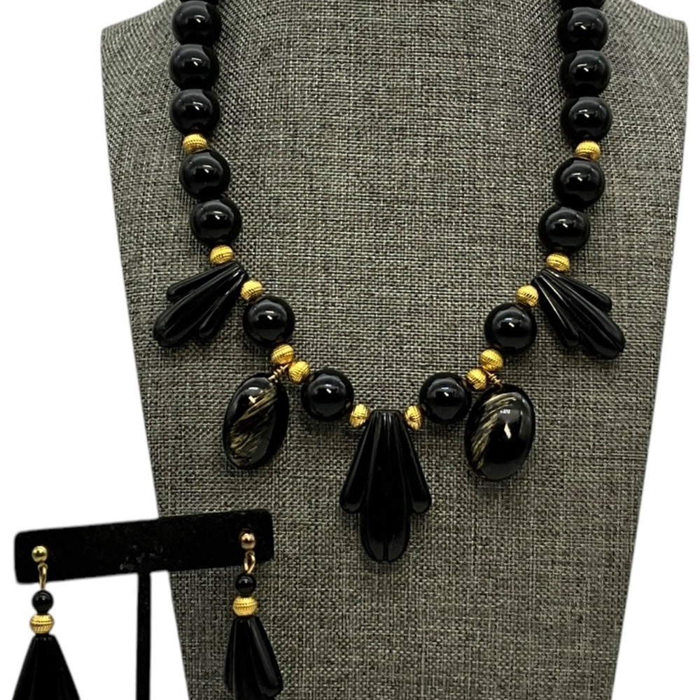 Elegant Black and Gold Beaded Necklace and Earring Set